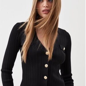 Military Button V Neck Rib Knit Cardigan